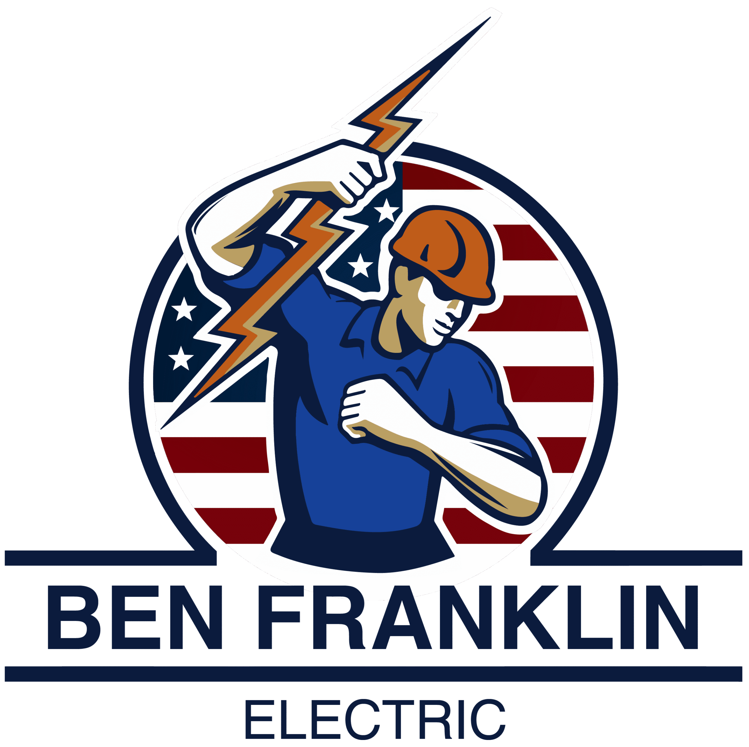 Illustration of a worker in a hard hat holding a lightning bolt, with a U.S. flag background and the text "Ben Franklin Electric" below.