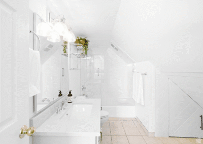 Bright bathroom with white walls, double sink vanity, wall-mounted mirror, glass light fixtures, towel racks, potted plant, and a shower-tub combination under a sloped ceiling.